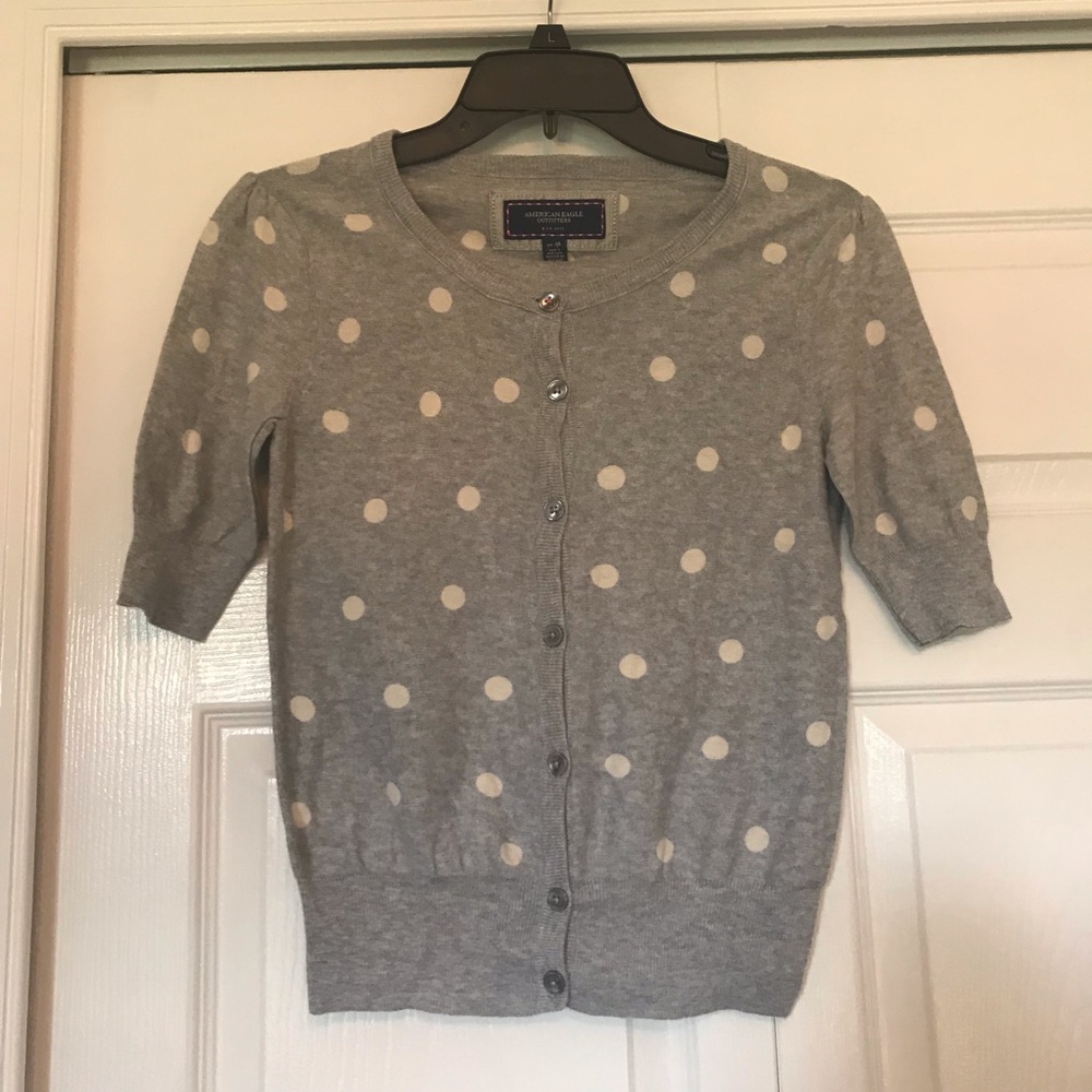 American Eagle Gray White Polka Dot Cardigan Small Short Sleeve Knit Preppy